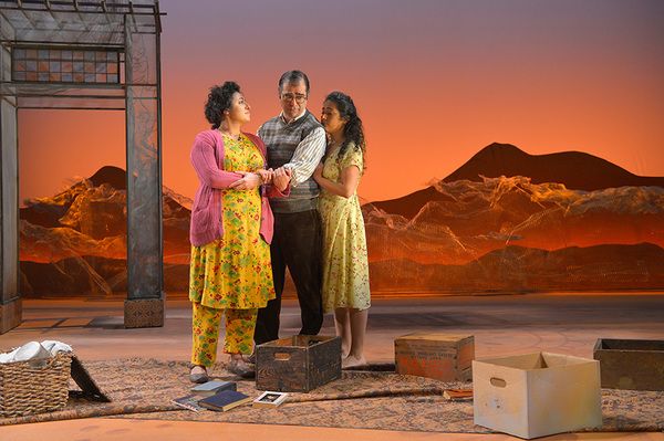 Denmo Ibrahim as Fariba, Barzin Akhavan as Babi, and Nadine Malouf as Laila Photo