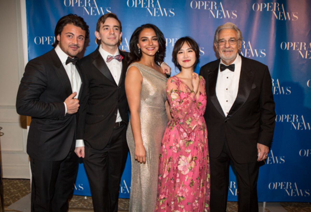 Vittorio  Grigolo  and  Lindemann  Young  Artists  Zalman  Kelber,  Rihab  Chaieb  and  Hyesang  Park  with  presenter  PlÃ¡cido  Domingo  at 