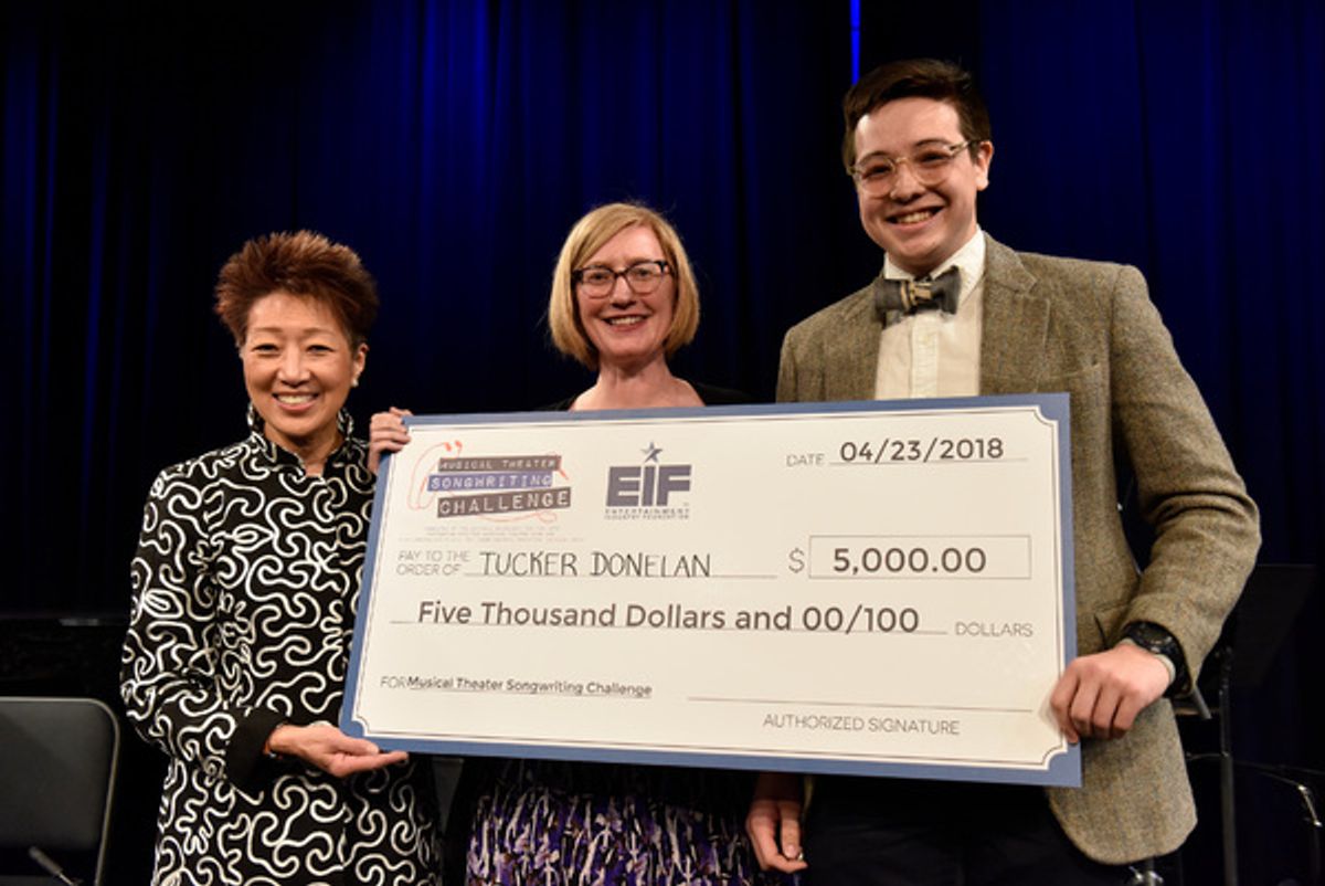 NEA Chairman Jane Chu, American Theatre Wing President Heather Hitchens, and Third Place Finalist Tucker Donelan  at 