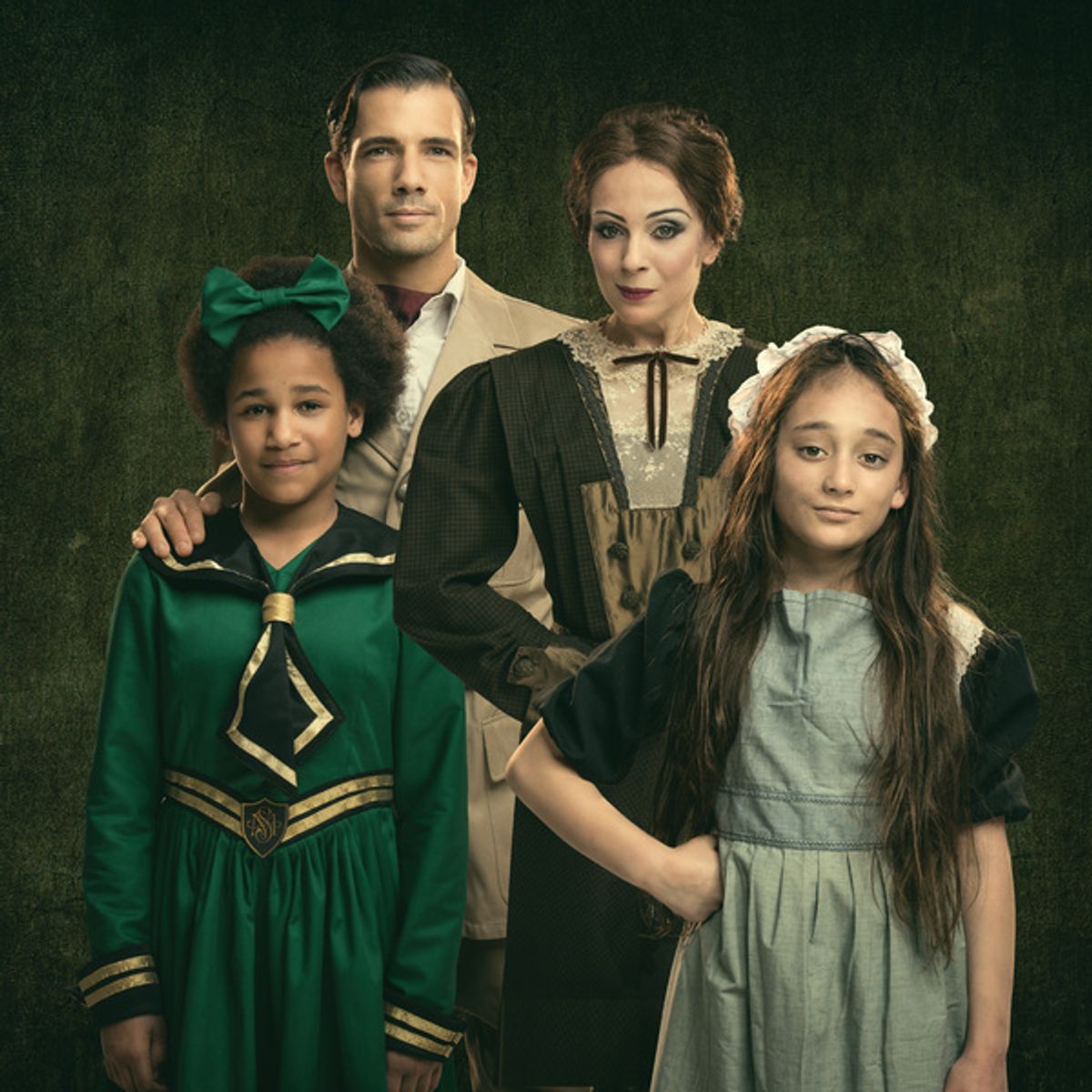 Danny Mac as Captain Crewe and Amanda Abbington as Miss Minchin  withy 2 young co-stars at 