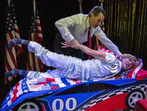 Trump tries to toughen up Barron. Ezra Barnes as Donald Trump & Wyatt Fenner as Barron. Photo by Joseph Henry Ritter. @ BroadwayWorld Trump tries to toughen up Barron. Ezra Barnes as Donald Trump & Wyatt Fenner as Barro Photo