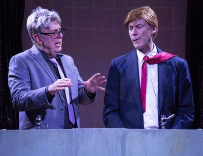 At the urinals. Chuck Montgomery as Steve Bannon & Ezra Barnes as Donald Trump. Photo Photo