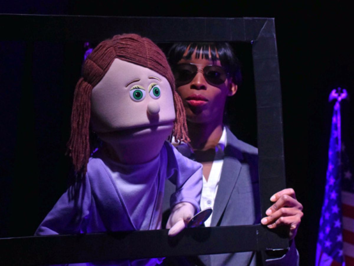 Stephanie Fredricks as a talking head from the Fake News Media. Photo by Francis Krow. at 