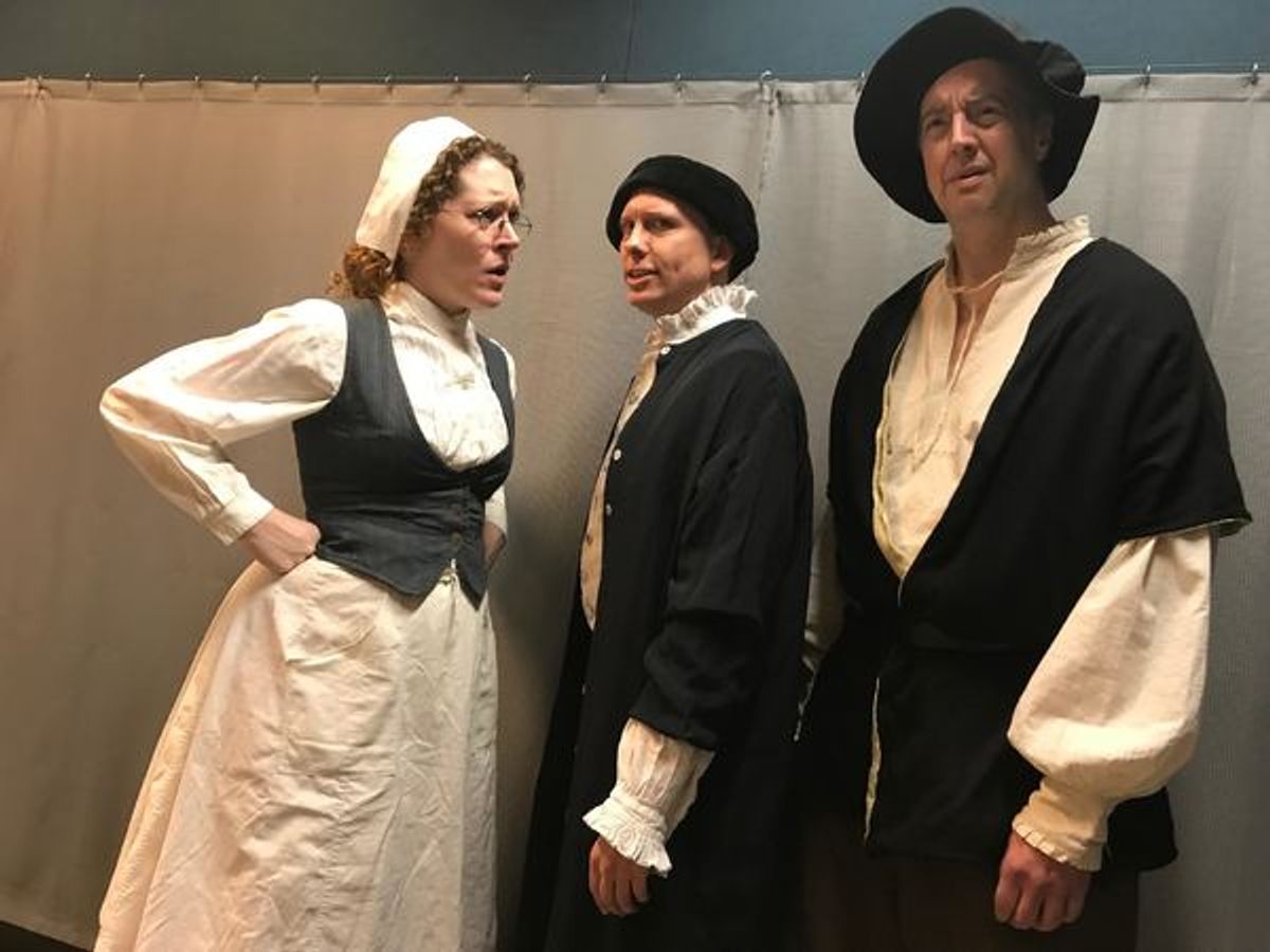 Sarah Kiefer as Mistress Bull, Brady Adair as Ingram Frizer and Len Rella as Nicholas Skeres at 
