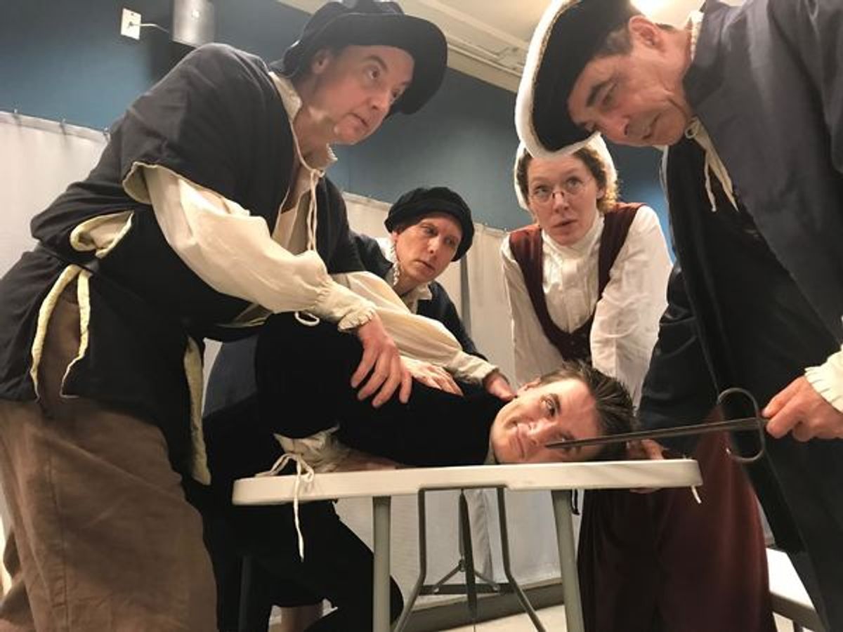 Len Rella as Nicholas Skeres, Brady Adair as Ingram Frizer, Tim Dowd as Kit Marley, Sarah Kiefer as Eleanor Bull and Thomas Grube as Robert Poley. at 