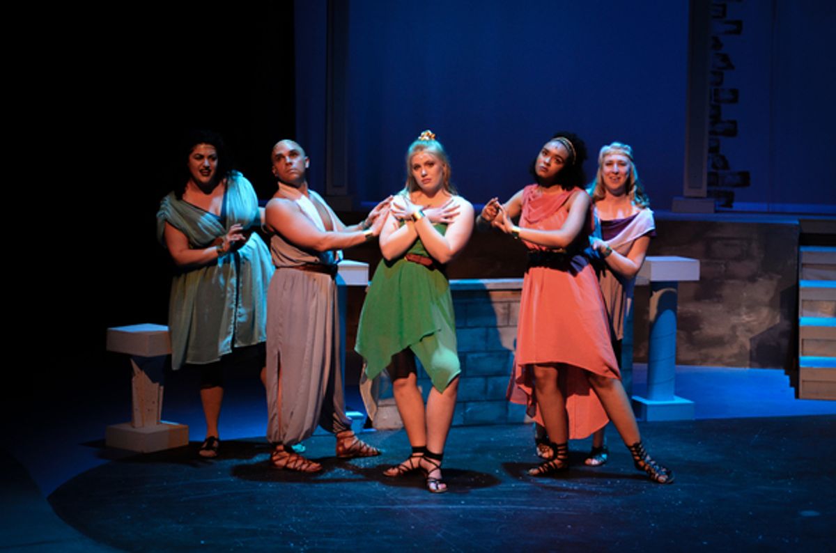 Jessica Robins as Melpomene, Joey Chapman as Terpsicore, Tori Konig as Erato, Ania Briggs as Euterpe, Barbi-Jo Smith as Calliope at 