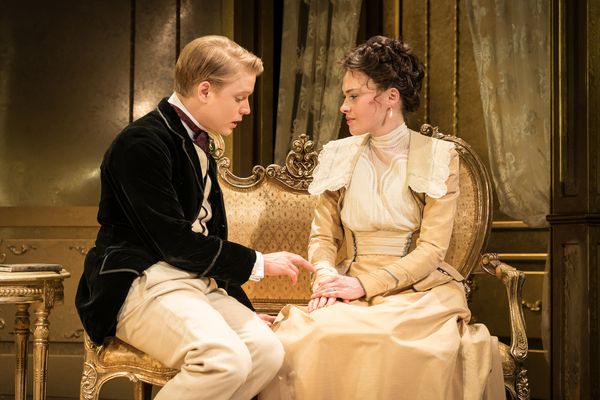 Freddie Fox as Lord Goring, Sally Bretton as Lady Chiltern Photo