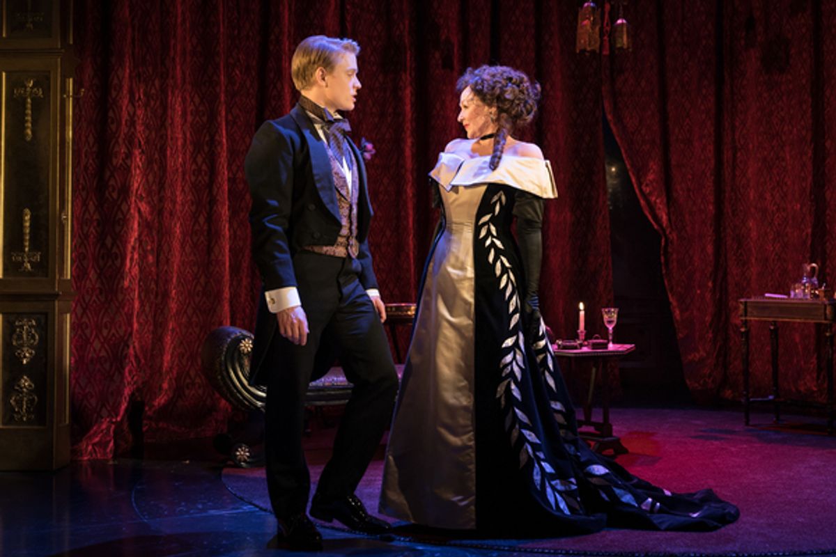 Freddie Fox as Lord Goring, Frances Barber as Mrs Cheveley at 