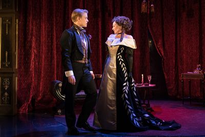 Freddie Fox as Lord Goring, Frances Barber as Mrs Cheveley Photo