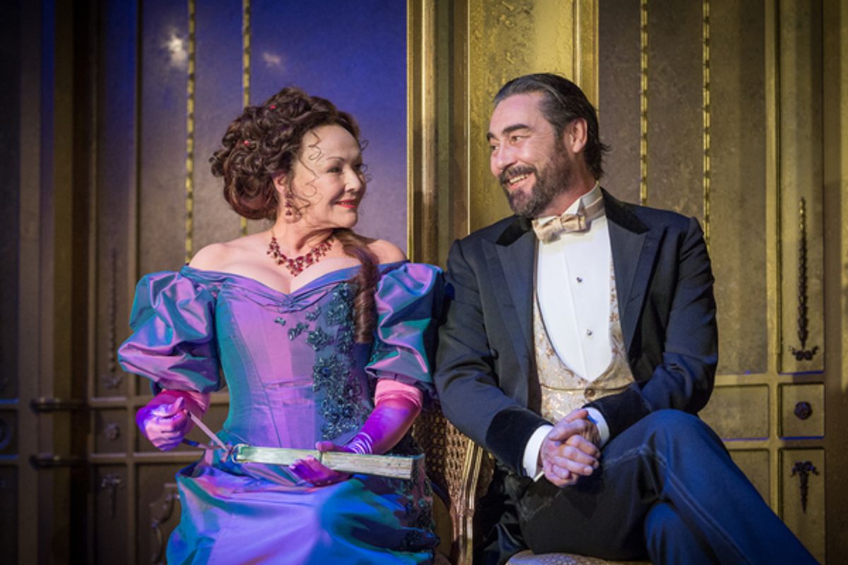 Frances Barber as Mrs Cheveley, Nathaniel Parker as Lord Chiltern at 