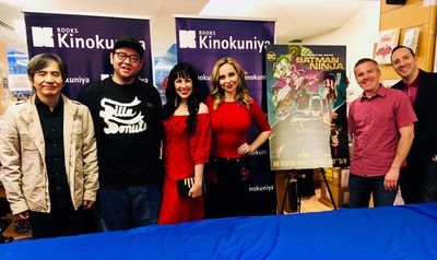 Screenwriter Kazuki Nakashima and character designer Takashi Okazaki with voice actor Photo