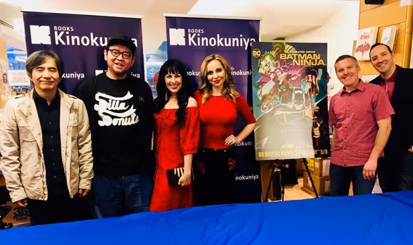 Screenwriter Kazuki Nakashima and character designer Takashi Okazaki with voice actor Photo