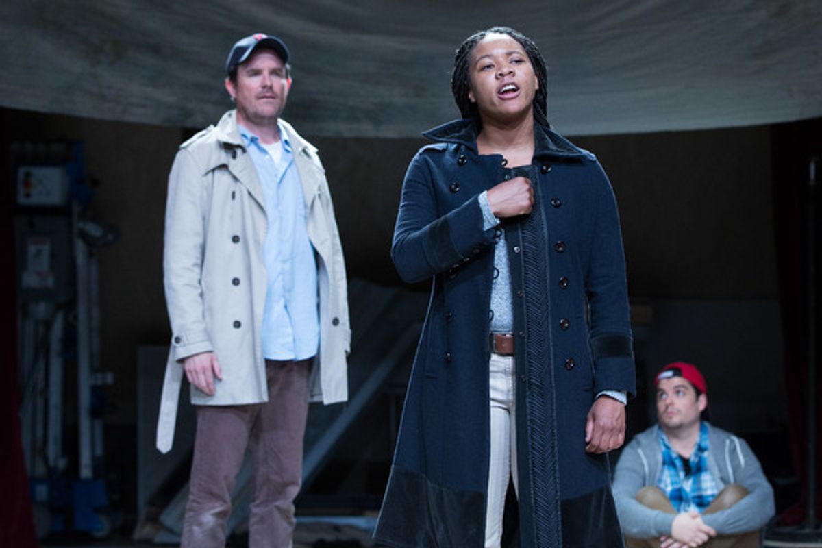 Joan (Dria Brown) informs Dunois, Bastard of OrlÃ©ans (Eric Tucker) that their soldiers must cross the bridge to fight the English at 