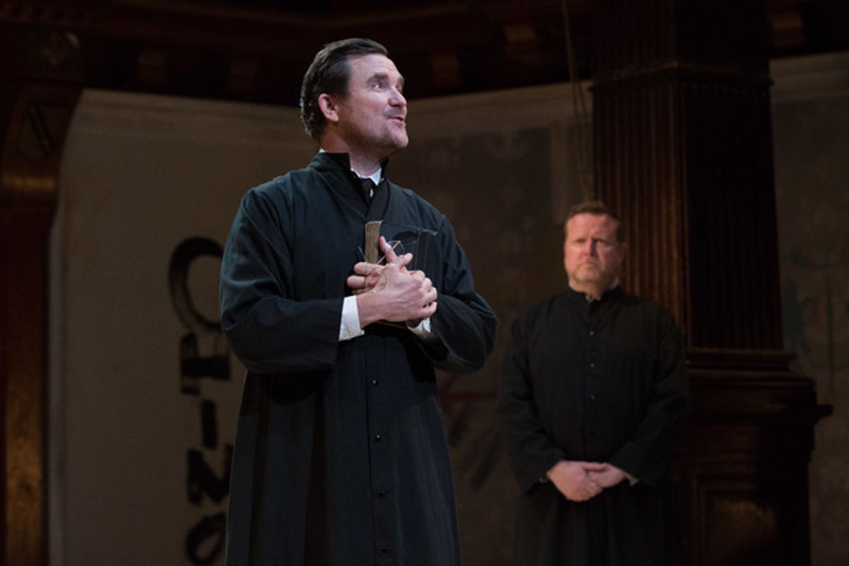 Brother John Lemaitre, the Inquisitor (Eric Tucker) and John de Stomgumber (Edmund Lewis) await the trial of Joan at 