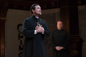 Brother John Lemaitre, the Inquisitor (Eric Tucker) and John de Stomgumber (Edmund Lewis) await the trial of Joan @ BroadwayWorld Brother John Lemaitre, the Inquisitor (Eric Tucker) and John de Stomgumber (Edmund Le Photo
