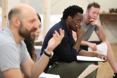 Chukwudi Iwuji (foreground), Corey Stoll, Heather Lind, and Andrew Hovelson Photo