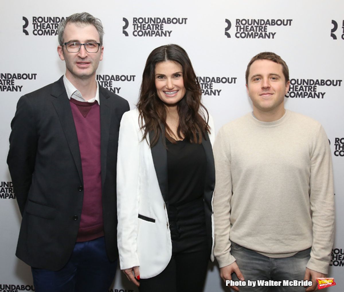Director Daniel Aukin, Idina Menzel andplaywright Joshua Harmon attends the Cast Photo Call for The Roundabout Theatre Company production of 'Skintight' at the American Airlines Theatre on May 16, 2018 in New York City. at 