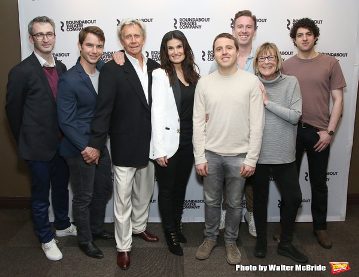 The Skintight team: director Daniel Aukin, Will Brittain, Jack Wetherall, Idina Menzel, playwright Joshua Harmon, Stephen Carrasco, Cynthia Mace, and Eli Gelb attends the Cast Photo Call for The Roundabout Theatre Company production of 'Skintight' at the  at 