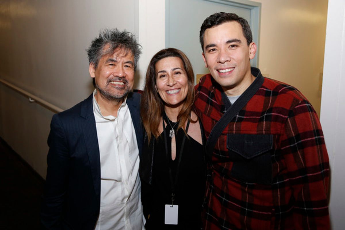 Henry Hwang, Jeanine Tesori and Conrad Ricamora at 