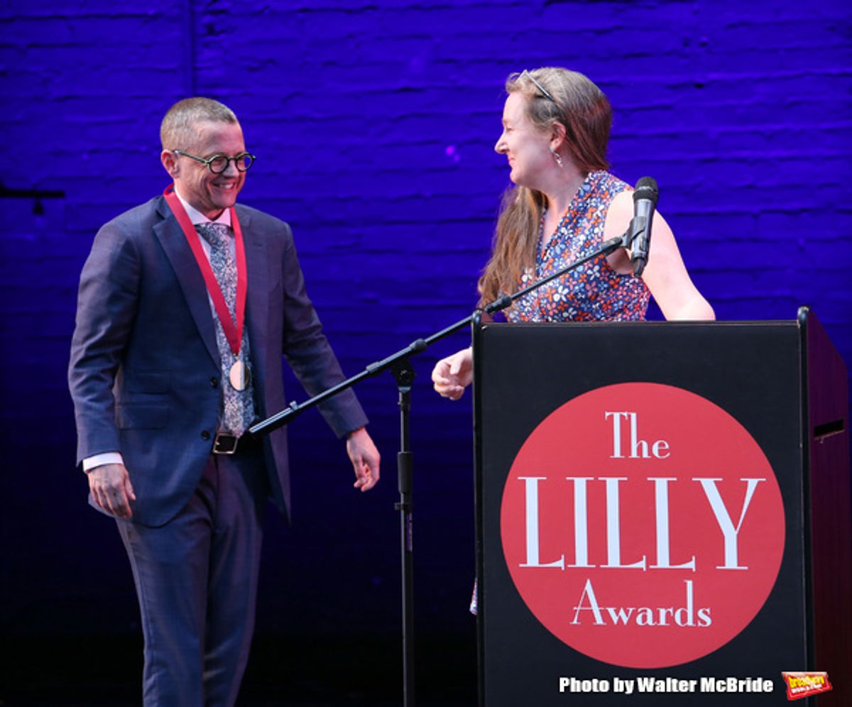 P. Carl and Sarah Ruhl on stage during the 9th Annual LILLY Awards at the Minetta Lane Theatre on May 21,2018 in New York City. at 