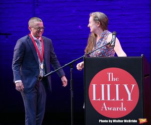 P. Carl and Sarah Ruhl on stage during the 9th Annual LILLY Awards at the Minetta Lane Theatre on May 21,2018 in New York City. @ BroadwayWorld P. Carl and Sarah Ruhl on stage during the 9th Annual LILLY Awards at the Minetta Lan Photo