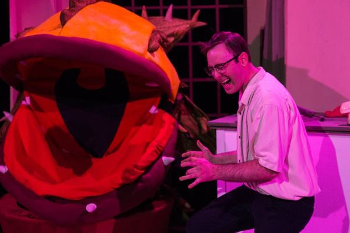 (L to R) ERIC CLAUSELL / JAMES WREDE (Audrey II) and NICLAS OLSON (Seymour) from the Lakewood Playhouse Production of 'LITTLE SHOP OF HORRORS'
 at 