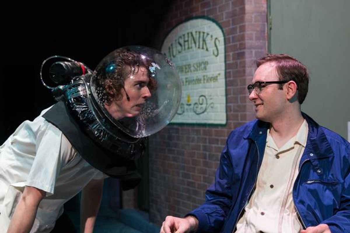 (L to R) WILLIAM JOHNSON (Orin the Dentist) and NICLAS OLSON (Seymour) from the Lakewood Playhouse Production of 'LITTLE SHOP OF HORRORS'
 at 