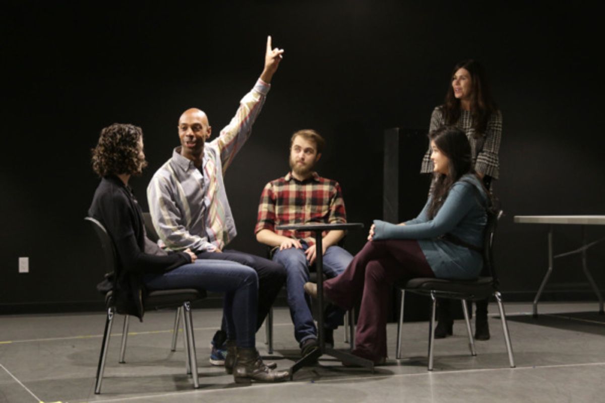 Becca Schneider, Jason C. Brown, Dominic F. Russo, Olivia Oguma, and Robin Galloway in rehearsals for Cannibal Galaxy: a love story.

Photo credit: Randy Sarafan at 