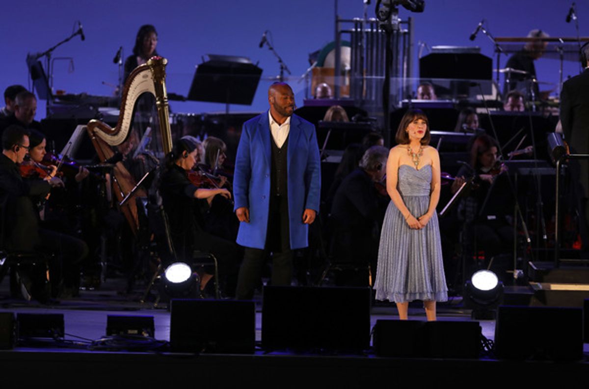 Anthony Evans as Beast and Zooey Deschanel as Belle at 