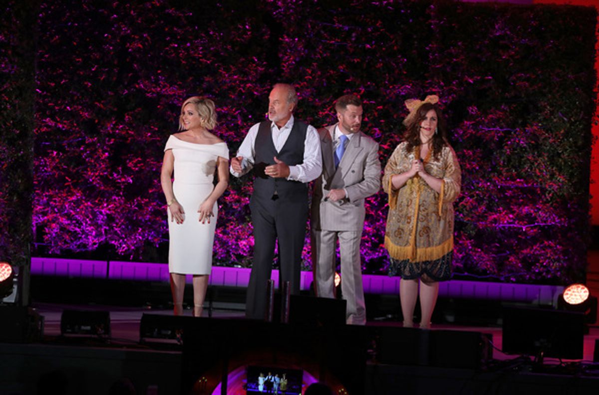 Zooey Deschanel as Belle and Taye Diggs as Gaston at 