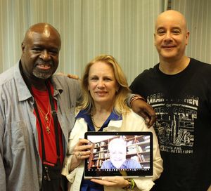 Akin Babatunde, Katherine Owens (director), David Weiss (guitarist), and Alan Govenar (writer) on computer @ BroadwayWorld Akin Babatunde, Katherine Owens (director), David Weiss (guitarist), and Alan Govenar Photo