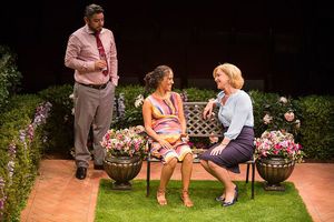 (from left) Eddie Martinez as Pablo Del Valle, Kimberli Flores as Tania Del Valle, and Peri Gilpin as Virginia Butley in Native Gardens, written by Karen ZacarÃas, and directed by Edward Torres, running May 26 – June 24, 2018 at The Old Globe. Photo by @ BroadwayWorld (from left) Eddie Martinez as Pablo Del Valle, Kimberli Flores as Tania Del Valle, an Photo