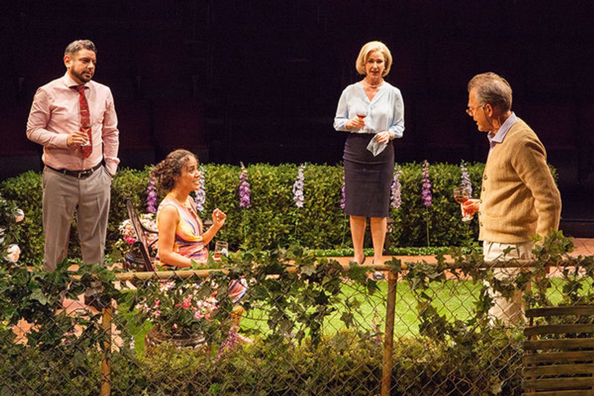 (from left) Eddie Martinez as Pablo Del Valle, Kimberli Flores as Tania Del Valle, Peri Gilpin as Virginia Butley, and Mark Pinter as Frank Butley in Native Gardens, written by Karen ZacarÃ­as, and directed by Edward Torres, running May 26 â€“ June 24, 20 at 