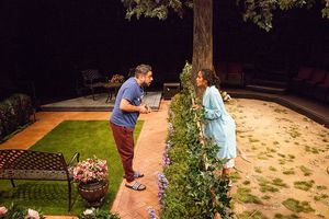 Eddie Martinez as Pablo Del Valle and Kimberli Flores as Tania Del Valle in Native Gardens, written by Karen ZacarÃas, and directed by Edward Torres, running May 26 – June 24, 2018 at The Old Globe. Photo by Jim Cox. @ BroadwayWorld Eddie Martinez as Pablo Del Valle and Kimberli Flores as Tania Del Valle in Native Ga Photo
