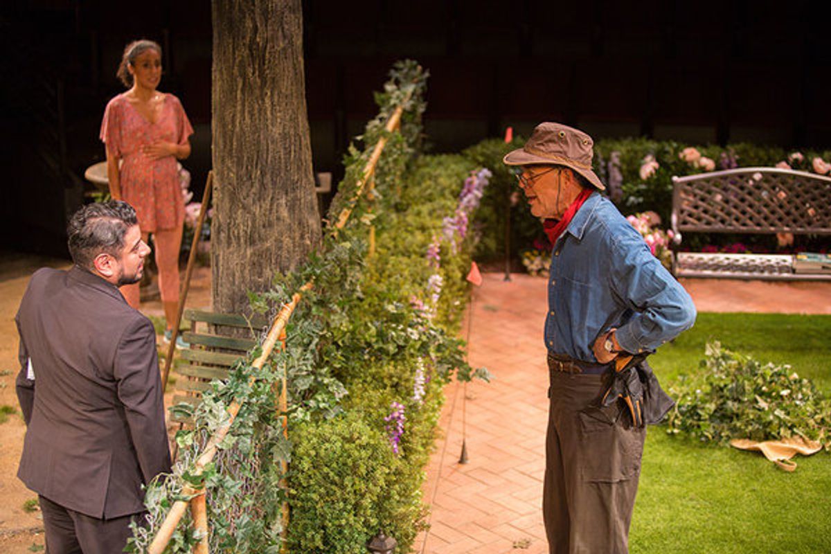 (from left) Eddie Martinez as Pablo Del Valle, Kimberli Flores as Tania Del Valle, and Mark Pinter as Frank Butley in Native Gardens, written by Karen ZacarÃ­as, and directed by Edward Torres, running May 26 â€“ June 24, 2018 at The Old Globe. Photo by Ji at 