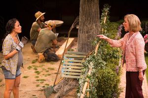 (from left) Kimberli Flores as Tania Del Valle, Alexander Guzman as Gardener, Jose Ballistrieri as Gardener, and Peri Gilpin as Virginia Butley in Native Gardens, written by Karen ZacarÃas, and directed by Edward Torres, running May 26 – June 24, 2018 @ BroadwayWorld (from left) Kimberli Flores as Tania Del Valle, Alexander Guzman as Gardener, Jose Ba Photo