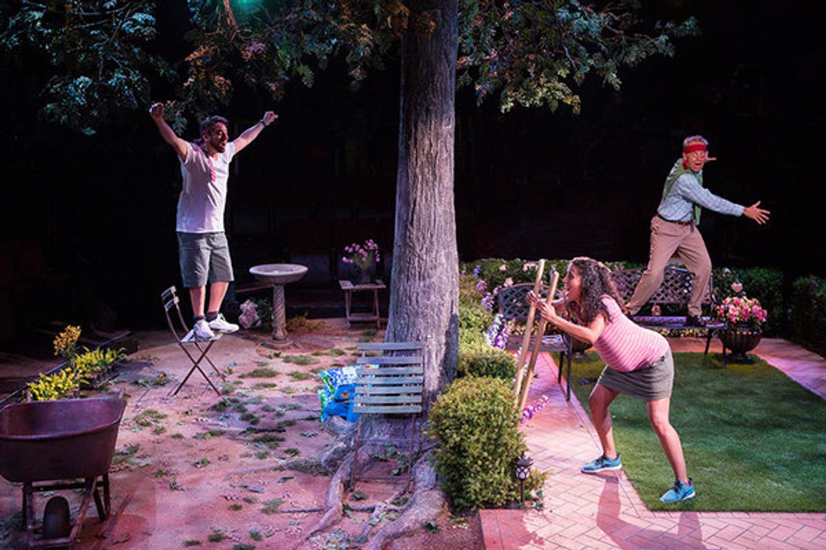 (from left) Eddie Martinez as Pablo Del Valle, Kimberli Flores as Tania Del Valle, and Mark Pinter as Frank Butley in Native Gardens, written by Karen ZacarÃ­as, and directed by Edward Torres, running May 26 â€“ June 24, 2018 at The Old Globe. Photo by Ji at 