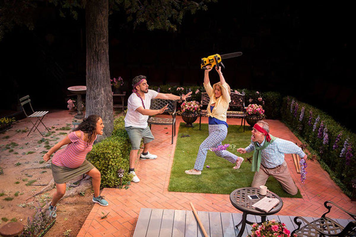 (from left) Kimberli Flores as Tania Del Valle, Eddie Martinez as Pablo Del Valle, Peri Gilpin as Virginia Butley, and Mark Pinter as Frank Butley in Native Gardens, written by Karen ZacarÃ­as, and directed by Edward Torres, running May 26 â€“ June 24, 20 at 