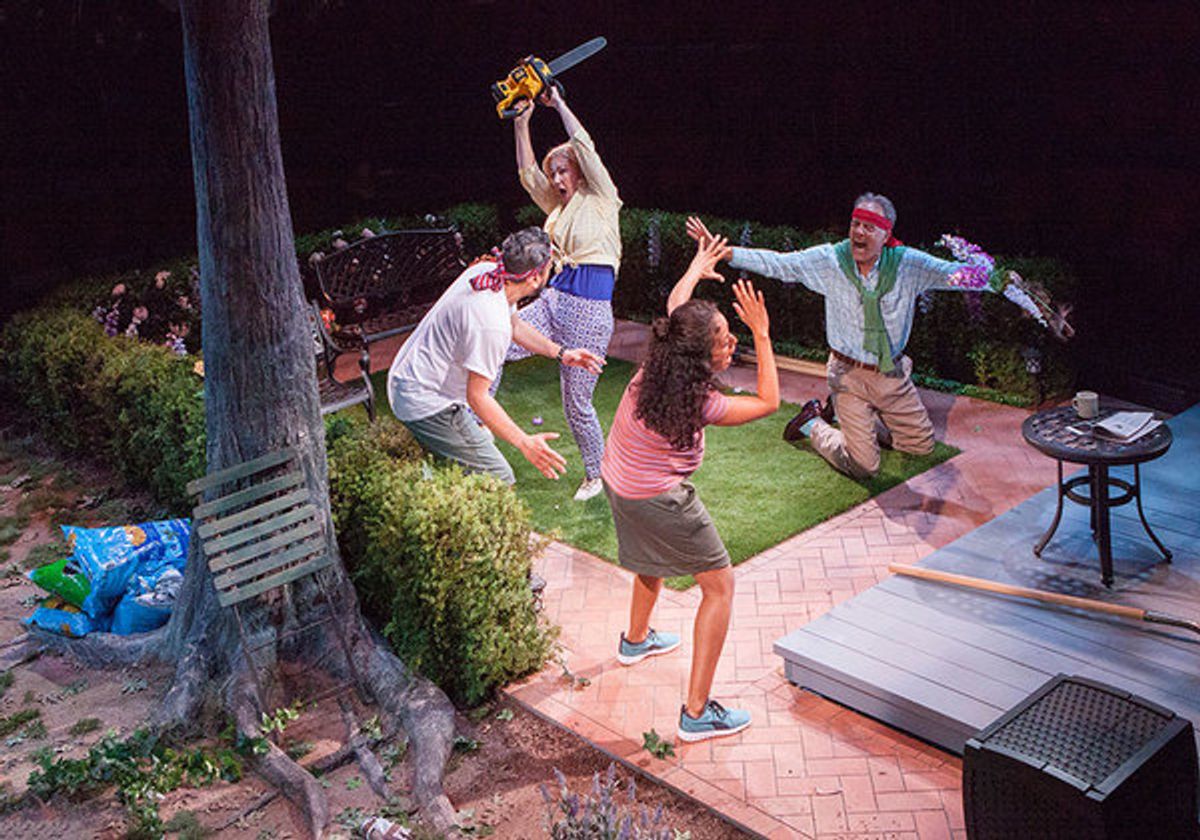 (from left) Eddie Martinez as Pablo Del Valle, Peri Gilpin as Virginia Butley, Kimberli Flores as Tania Del Valle, and Mark Pinter as Frank Butley in Native Gardens, written by Karen ZacarÃ­as, and directed by Edward Torres, running May 26 â€“ June 24, 20 at 