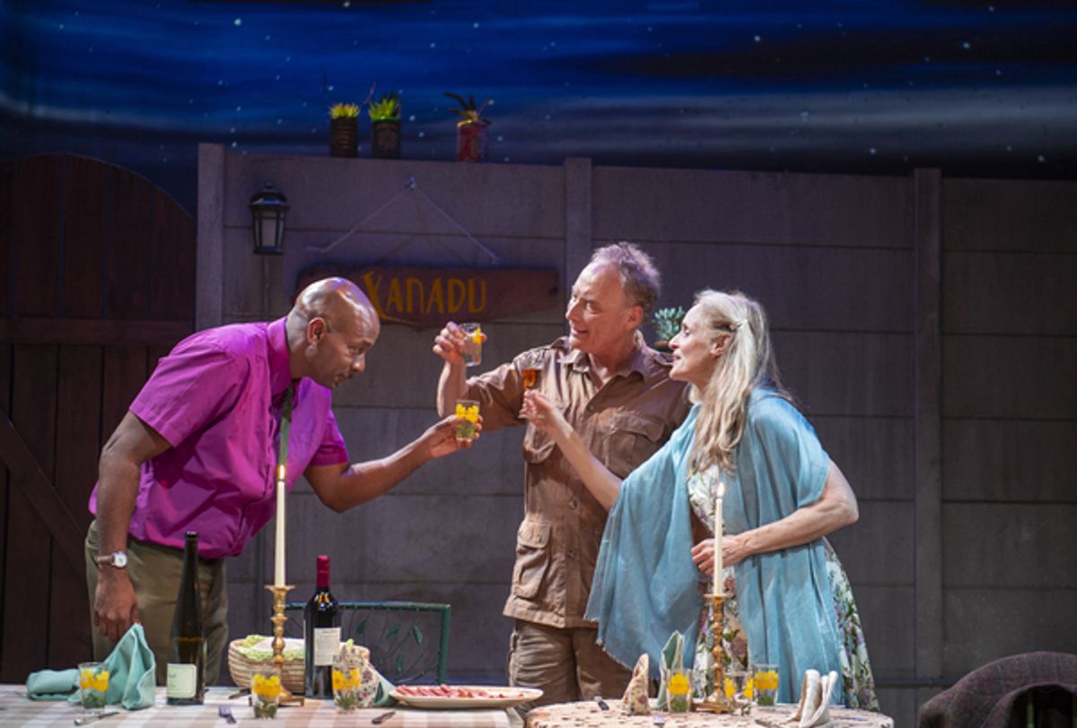 L-R: Friends Steve (Adrian Roberts), Piet (Victor Talmadge), and Gladys (Wendy vanden Heuvel) share a toast in 'A Lesson From Aloes,' performing June 3-29 at Z Below.
 at 