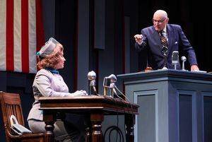 L-R: Natalie (Donna Vivino) is questioned by Representative Walters (Robert Sicular) on the witness stand in "FINKS" presented by TheatreWorks Silicon Valley at the Mountain View Center for the Performing now June 6 to July 1, 2018.
@ BroadwayWorld L-R: Natalie (Donna Vivino) is questioned by Representative Walters (Robert Sicular) Photo