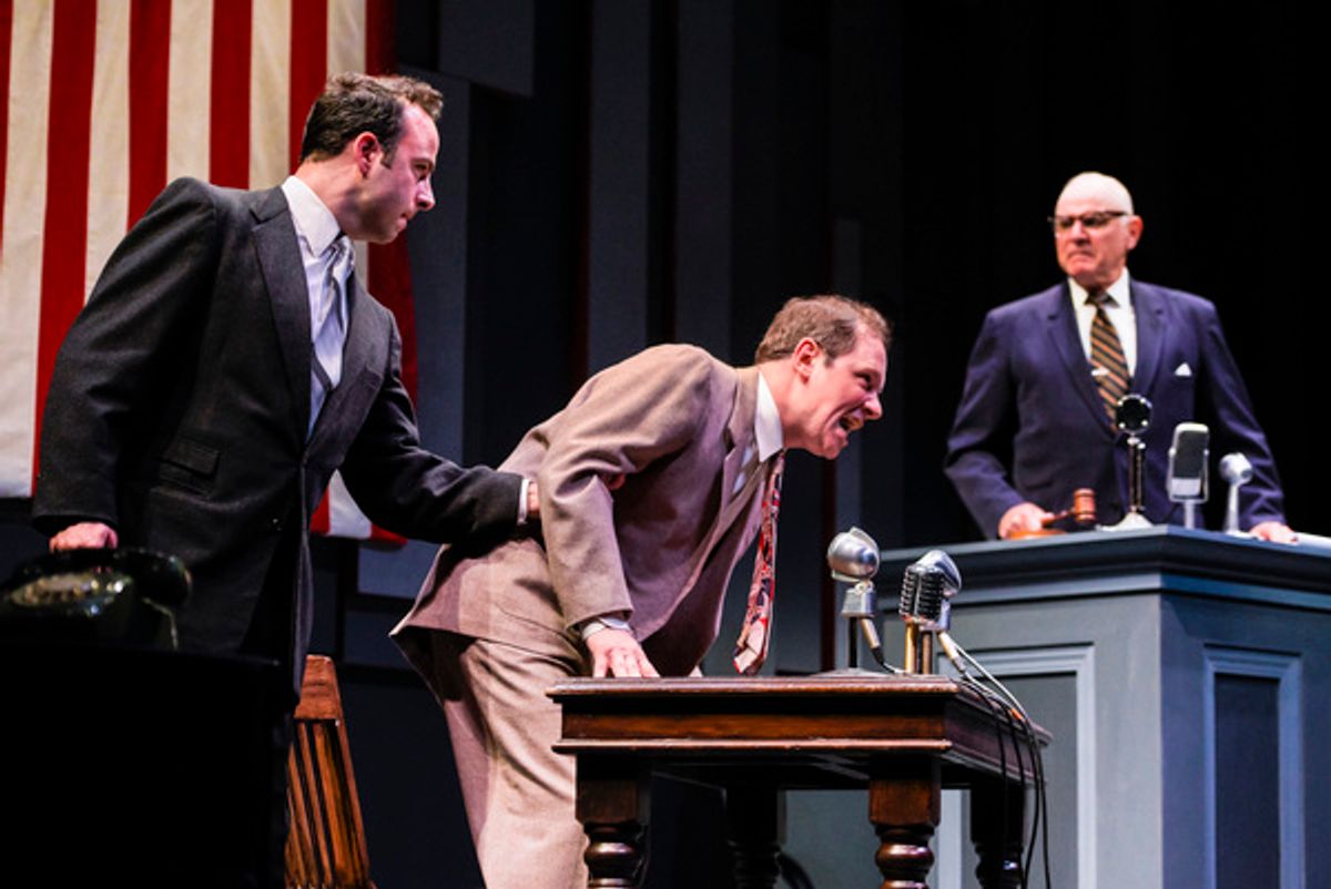 L-R: Sgt. at Arms (George Psarras) removes an unruly Mickey (Jim Stanek), after questioning by Representative Walters (Robert Sicular) in 'FINKS' presented by TheatreWorks Silicon Valley at the Mountain View Center for the Performing Arts June 6 to July 1 at 