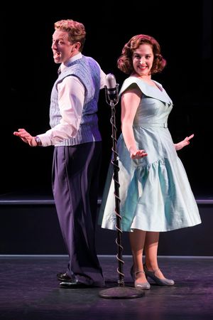 L-R: Bobby (Leo Ash Evens) and Natalie (Donna Vivino) sing at a benefit performance in "FINKS" presented by TheatreWorks Silicon Valley at the Mountain View Center for the Performing now June 6 to July 1, 2018.
L-R: Natalie (Donna Vivino) is questioned by @ BroadwayWorld L-R: Bobby (Leo Ash Evens) and Natalie (Donna Vivino) sing at a benefit performance i Photo