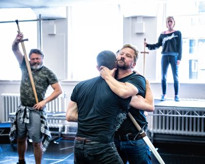 Paul Hawkyard (Macduff), Gareth Aled (Lennox), Richard Standing (Macbeth), Clare Corb Photo