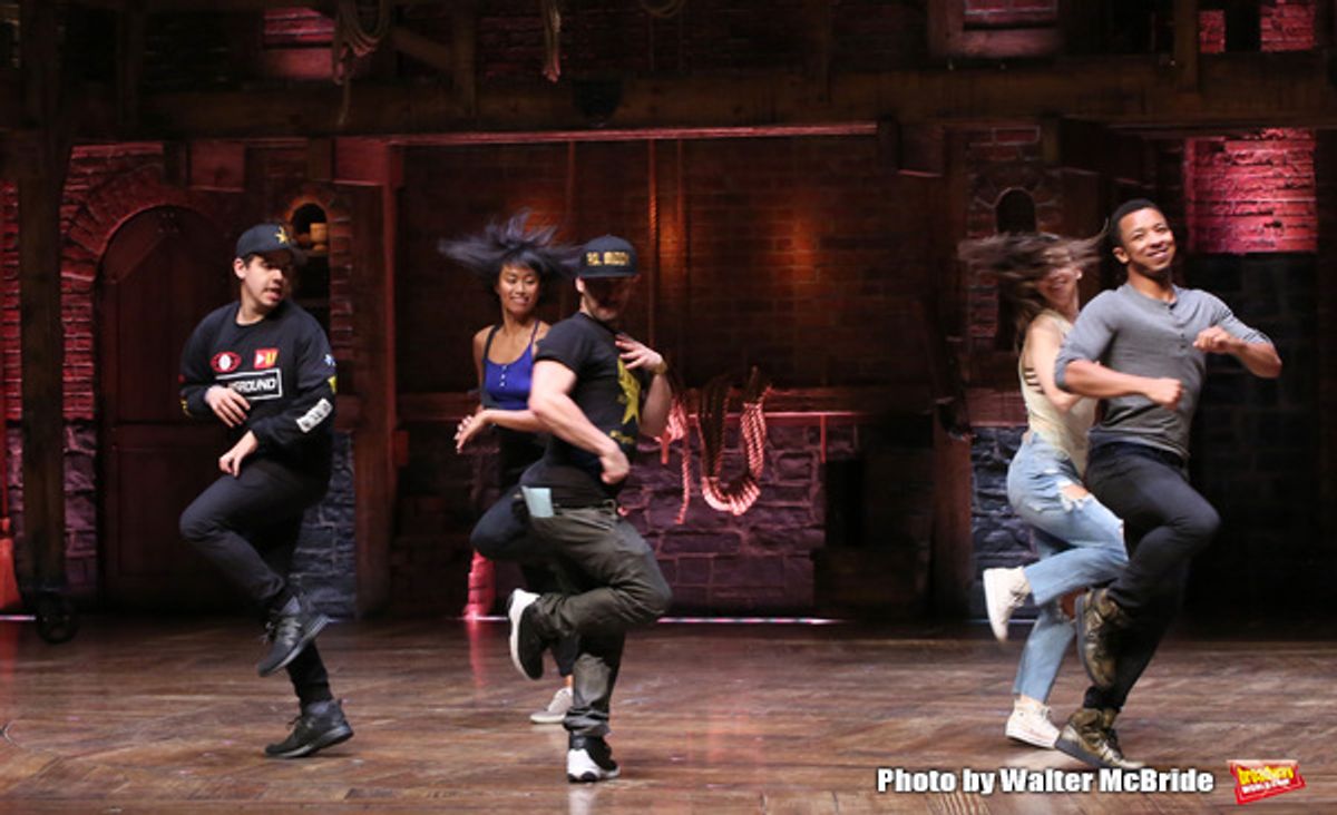 David Guzman, Karla Garcia, Roddy Kennedy, Eliza Ohman and Zelig Williams from the 'Hamilton' cast during a Q & A before The Rockefeller Foundation and The Gilder Lehrman Institute of American History sponsored High School student #EduHam matinee performa at 
