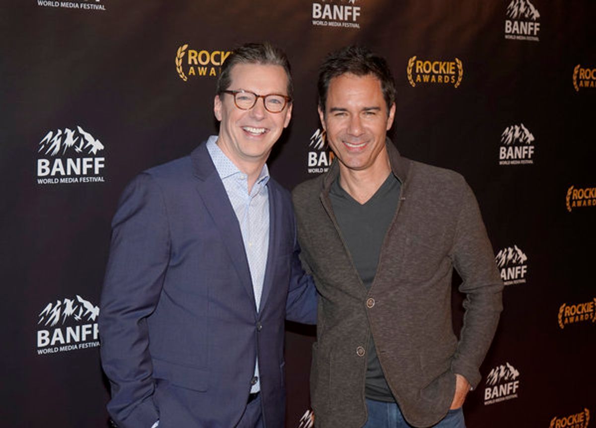 NBCUNIVERSAL EVENTS --  'Banff World Media Festival', Fairmont Banff Springs, Banff, Alberta, Canada; Rockies Awards Gala Ceremony -- Pictured: (l-r) Sean Hayes, recipient of the 'Sir Peter Ustinov Comedy Award'; Eric McCormack -- (Photo by: Paul Drinkwat at 