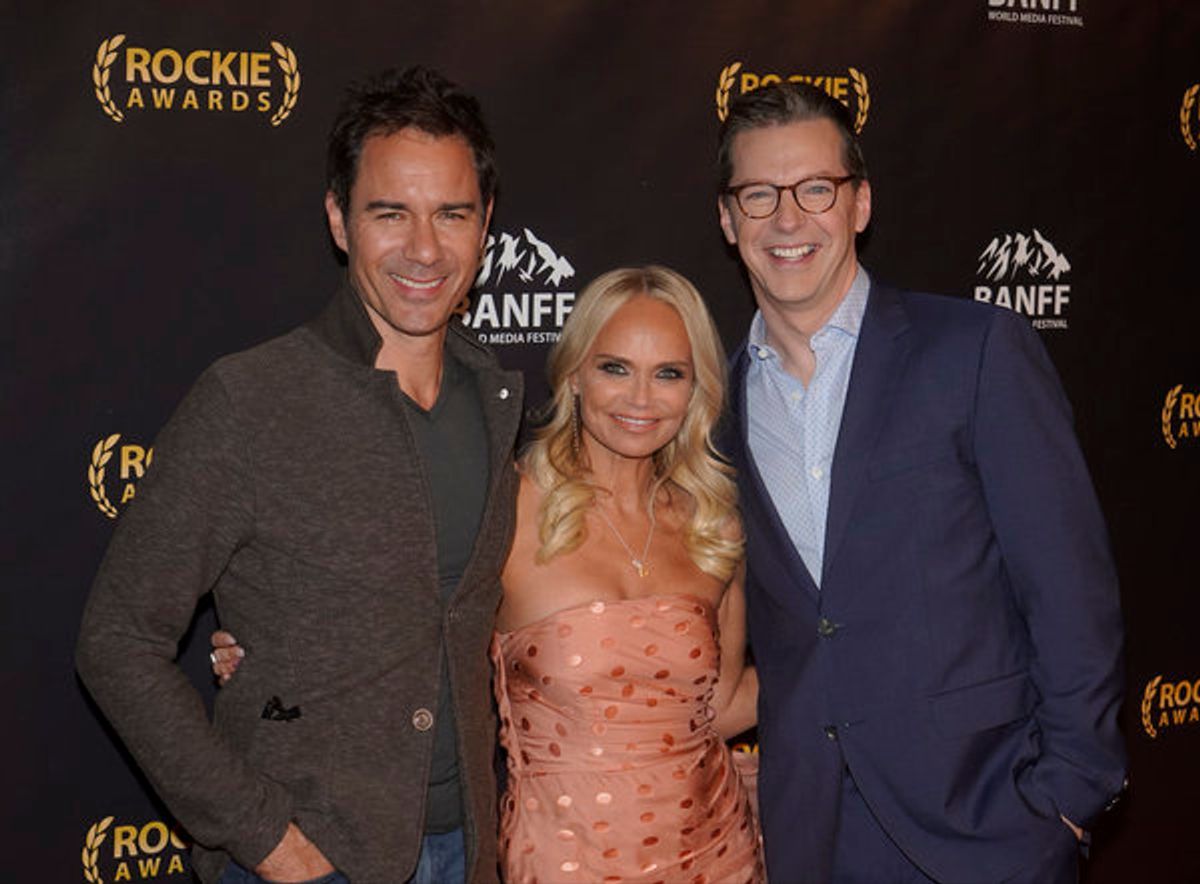 NBCUNIVERSAL EVENTS --  'Banff World Media Festival', Fairmont Banff Springs, Banff, Alberta, Canada; Rockies Awards Gala Ceremony -- Pictured: (l-r) Eric McCormack, Host, Kristin Chenoweth; Sean Hayes, recipient of the 'Sir Peter Ustinov Comedy Award' -- at 