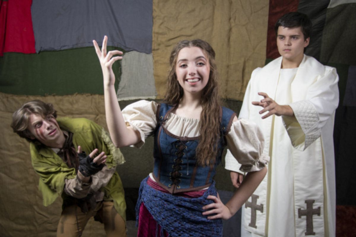 Ian Lawson, Ashlyn Koford, and Dylan Droz in The Hunchback of Notre Dame, photograph by Jason Johnson-Spinos at 