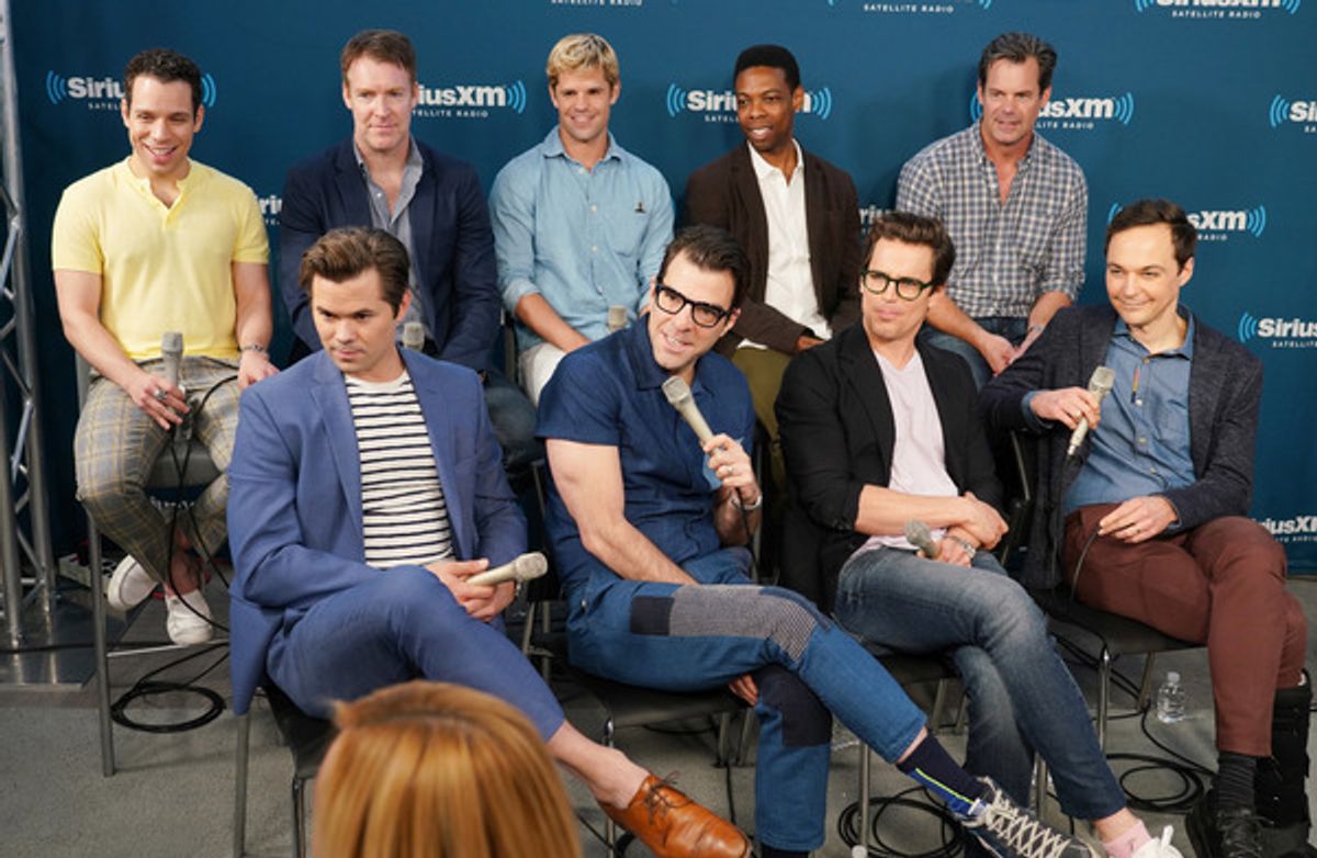 Actors (front row L-R) Â Andrew Rannells, Zachary Quinto,Â Matt Bomer, Jim Parsons, (back row L-R)Â Robin de Jesus,Â Brian Hutchison,Â Charlie Carver,Â  Michael Benjamin WashingtonÂ andÂ Tuc Watkins at 