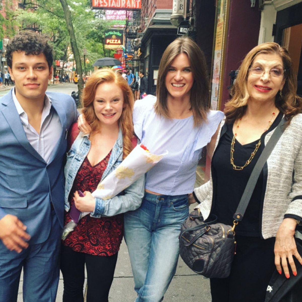 The cast of A Heart Scam and playwright Susan Boggess outside of the Players Theatre NYC at 